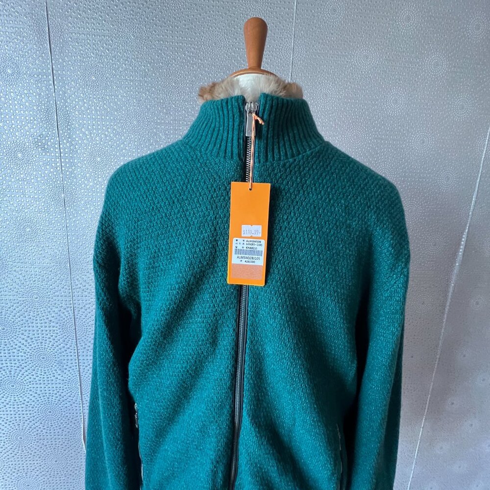 Louis Castel Mens Green Mock Neck Full Zip Ribbed Cardigan Sweater Size Large